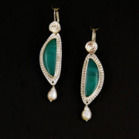 Blue Opal Wood, Pearls, Sterling Earrings 222