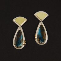 Indonesian Blue Opal Wood, Sterling, 14K Earrings 269
